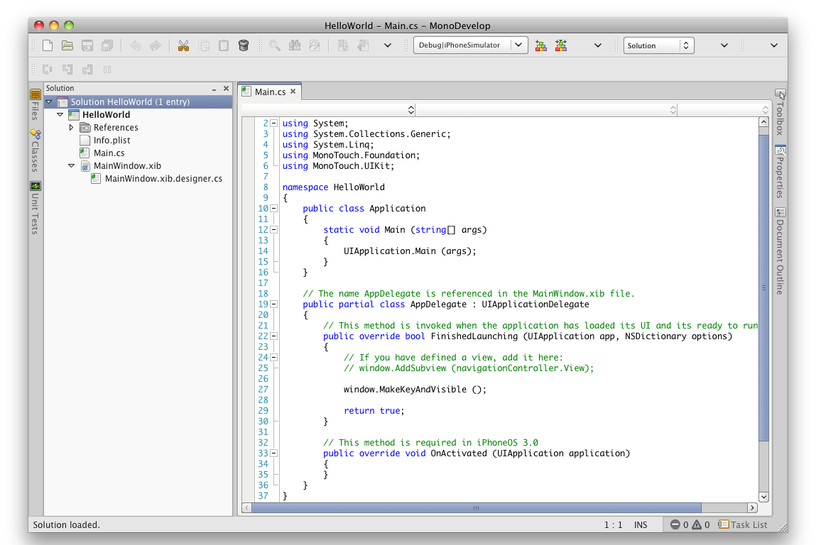 New project code in MonoDevelop