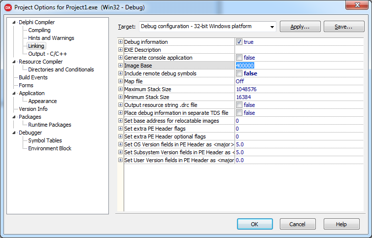 Delphi linker options